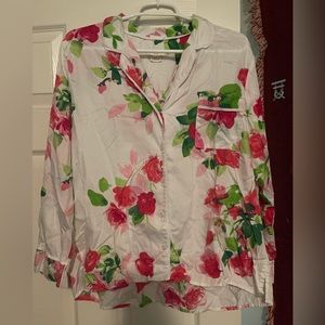kate spade White Floral Button-Up sleepwear top with Pink and Green Roses (xl)